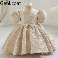 Meninas vestido estilo tribunal vestido pequeno criança Puff manga arco vestido de princesa traje bonito