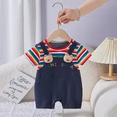 Verão estilo fino roupas infantis de manga curta roupas de bebê arco-íris urso macacão de bebê falso de duas peças Outin