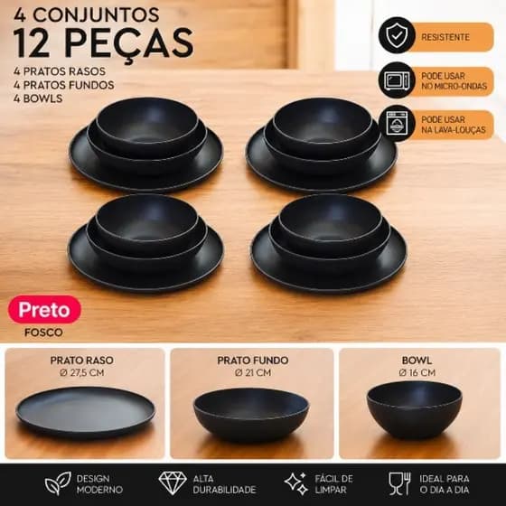 Kit 12 Peças para Mesa Helsim Colours – Pratos Rasos, Fundos e Bowls Coloridos