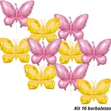Kit 10 Balões Borboletas Holografica Furta-cor Rosa e Amarelo 65cm Decoração Festas Aniversários
