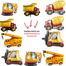 Kit 10 Balões Metalizados carros caminhão escavadeira guindaste