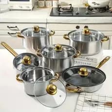 Conjunto em aço inoxidável 12PCS Antiaderente  5 Panelas com Tampa e Uma Frigideira Com Tampa, Fino Acabamento