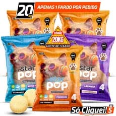 Kit 5 Pacotes Areia Higiênica de Gato Granulado Sanitário Argila Alta Absorção Star Pop Premium Aroma Lavanda 20KG