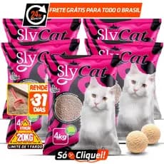 Kit 5 Pacotes Areia de Gato SlyCat 20KG Tezopet Granulado Sanitário Higiênico Forma Torrões Evita Odores