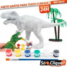 Brinquedo Dinossauro T-Rex Para Colorir Pintura 6 Tintas Guache e Pincel Dino Texturizado Acessórios