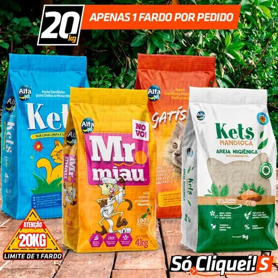 Kit 5 Pacotes Areia de Gato Alfa Pet Kets 20KG Granulado Sanitário Higiênico Argila Bentonita Alta Absorção Evita Odores