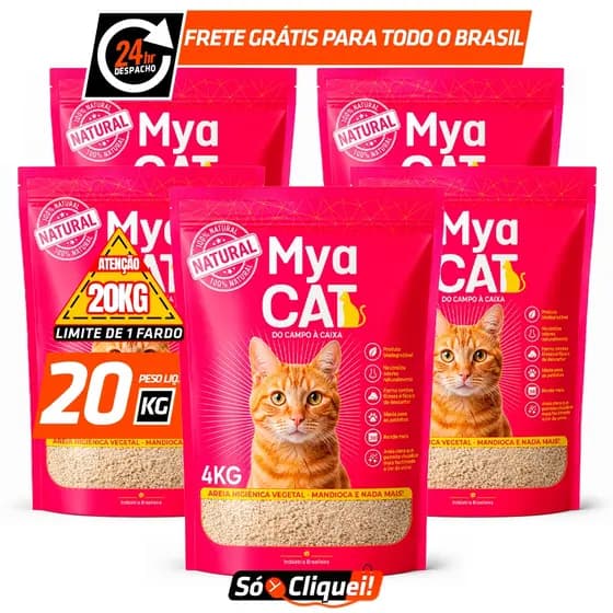 Kit 5 Pacotes Areia Sanitária de Mandioca Mya Cat 20KG Granulado Higiênico de Gato Biodegradável Torrões Firmes