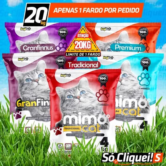 Kit 5 Pacotes Areia de Gato Argipet Mimocat Granulado Sanitário Argila Bentonita Alta Absorção Evita Odores Perfumada