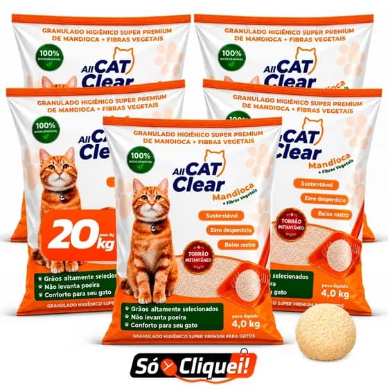 Kit 5 Pacotes Areia Sanitária All Cat Clear 20KG Granulado 100% Mandioca Biodegradável Forma Torrões Firmes Evita Odores