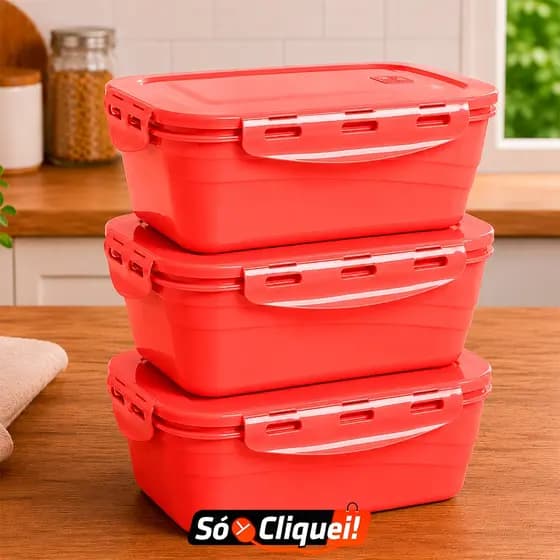 Kit 3 Potes Retangular Tampa Trava Hermético Alta Vedação Pote Organizador de Geladeira Marmita Multiuso