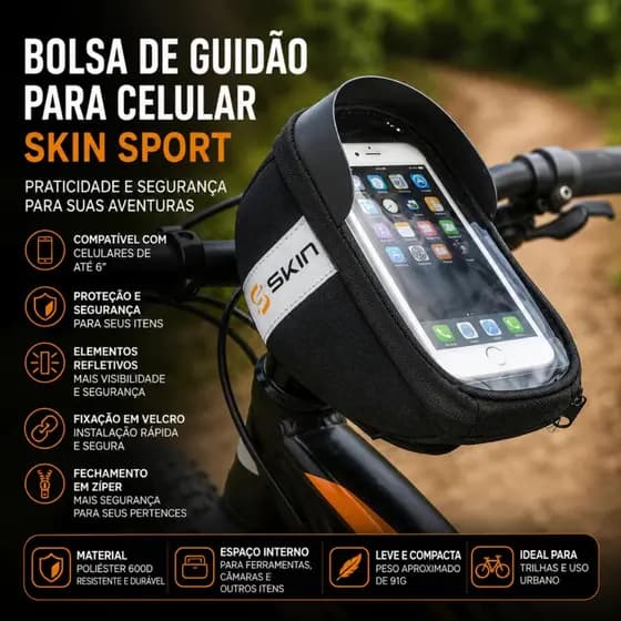 Bolsa de Guidão Bike Porta Celular Até 6 Pol Sport Skin Impermeável Com Zíper MTB Speed