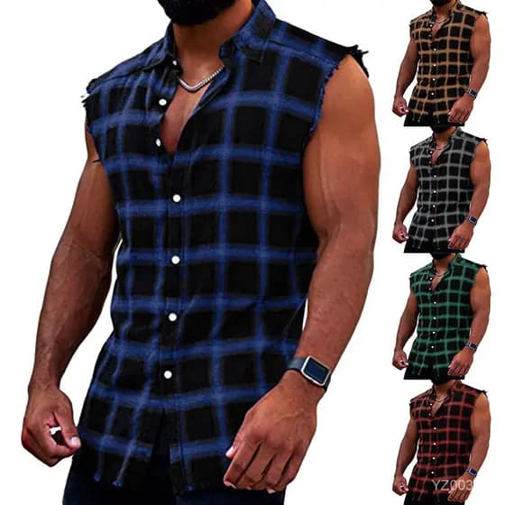 Camisas xadrez dos homens com fivela sem mangas