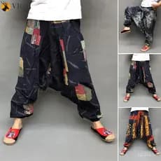Calças Harem Masculinas Largas Estilo Hip Hop Casual Retro Yoga com Estampa Étnica e Pernas Largas DGJD