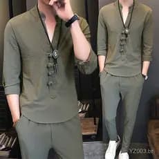 Produtos em estoque: Terno de Primavera e Verão para Homens #     Conjunto Esportivo de Duas Peças Estilo Chinês Hanfu c