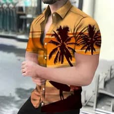 2023 Novo Estilo Praiano Havaiano, Camisa Masculina de Manga Curta com Estampa de Coco em 3D, Feita de Poliéster, Fresca
