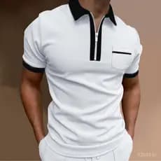 Camisa Polo Masculina de Verão com Design de Cores Contrastantes, Bolso, Zíper, Gola, Manga Curta, Casual, Esportiva, pa