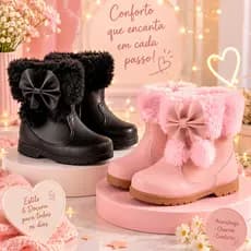 Bota Infantil Feminina Pelucia Detalhes Laço Pompom Cano Médio Inverno Confortável Fashion Quentinha