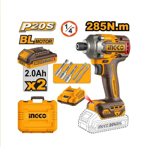 PARAFUSADEIRA DE IMPACTO 1/4” 285N.m À BATERIA ÍON-LÍTIO 20V C/2 BATERIAS 2.0Ah INGCO CIRLI2028-9