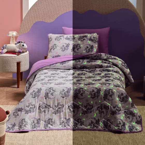 Kit Cobre Leito 3 Peças Cama Casal Infantil Brilha No Escuro Colcha Cobertor Para Criança Unicórnio