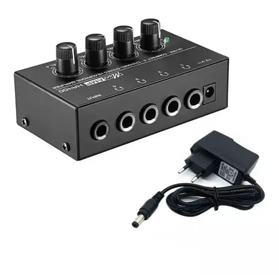 Amplificador Fone De Ouvido Ha400 4 Canais P10 com Fonte para Gravação Retorno Música Podcast Stereo