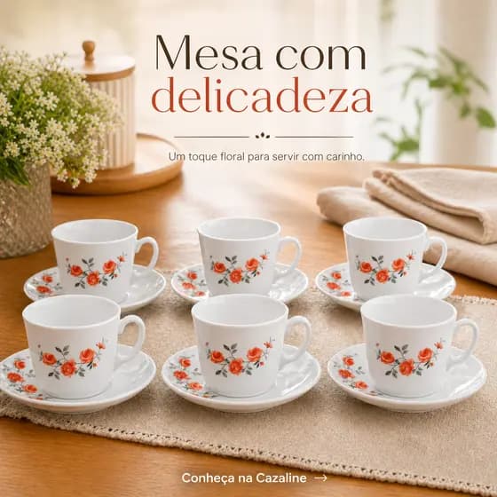 Conjunto Xícaras de Chá Red Rose 220ml Vidro Branco com Pires 12 Peças Mesa Posta