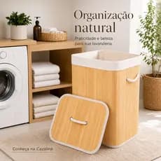 Cesto Organizadora Bambu 70 Litros Alças Transporte Fácil Tampa Proteção Organização Doméstica