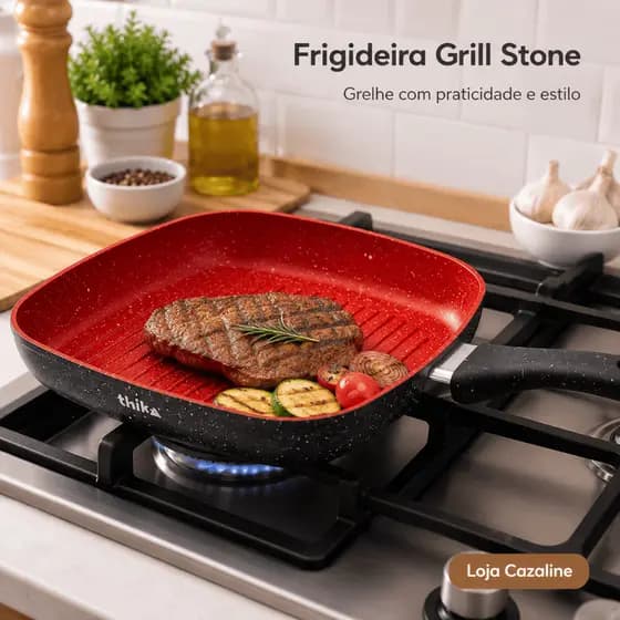 Frigideira Grill Antiadherente Quadrada 24cm Inducao Cabo Termoplastico Resistente Stone