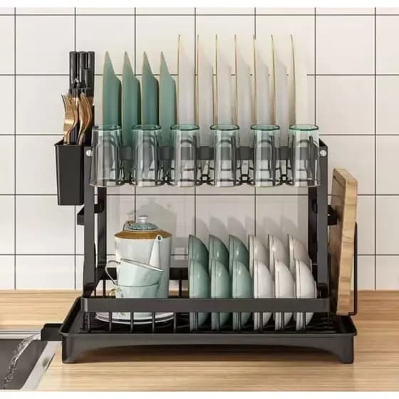 Escorredor Organizador de Louças Preto Aço Inoxidável Rack Cozinha Suspensa Louça Organizador Estante de asfalto duplo
