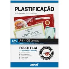 Plástico Para Plastificação A4 125 Micras 220x307mm Spiral Pacotes com 20 50 e 100 Lâminas