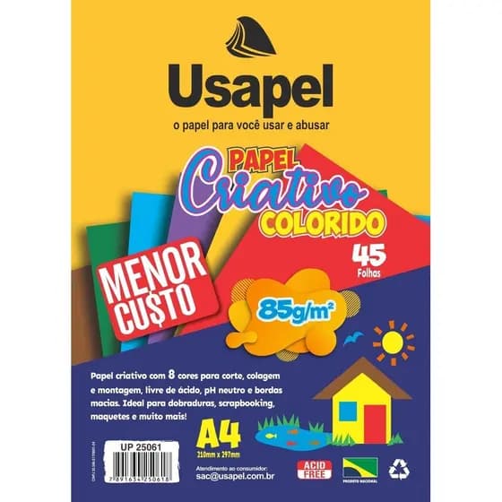 Papel Criativo A4 85g 8 Cores Usapel Pacote Com 45 Folhas
