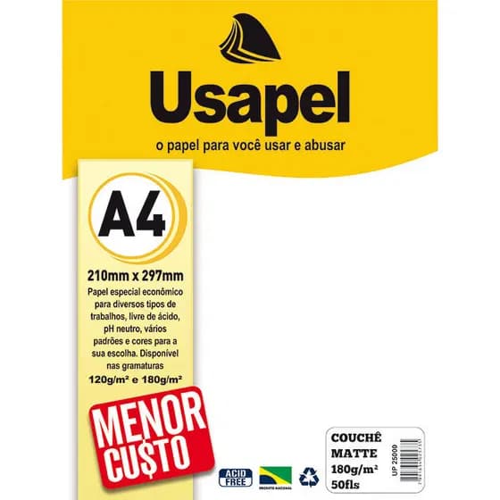 Papel Couche Fosco Usapel A4 180g Pacote Com 50 Folhas