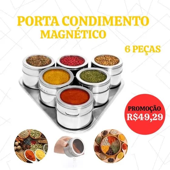 Porta Condimento Temperos Inox Magnético Com imã para Geladeira 6 Peças