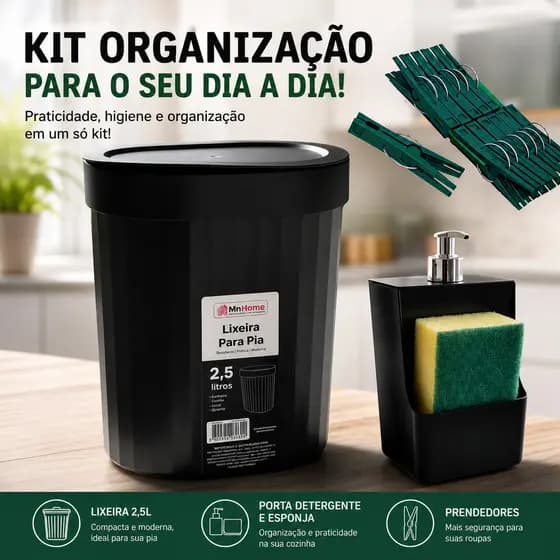 Kit Lixeira 2,5 Xplast + Porta Detergente + Pregador Plástico 24 Unidades Kit Pia Prático Lavanderia