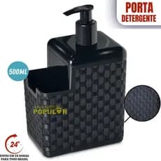 Porta Detergente Sabão 2 em 1 Preto Com Suporte Para Bucha Esponja Rattan Arqplast 500ml