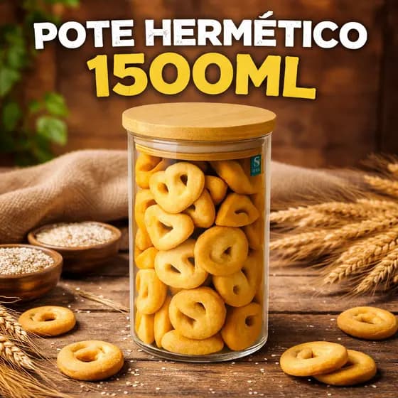 Porta Mantimento De Vidro Hermético Tampa De Bambu - Para Alimentos Temperos Redondo 1500L