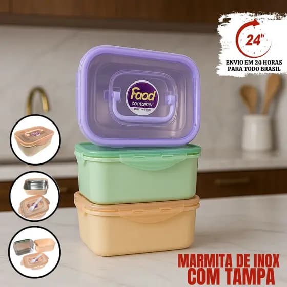 Marmita Com Porta Talheres Plástica Premium Com Trava Laterais Livre De Bpa