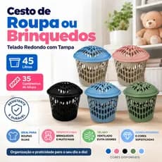 Cesto de Roupa ou Brinquedos Telado Redondo com Tampa 45 Litros P  35 Centímetros de Altura