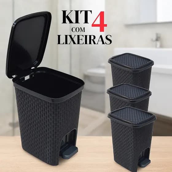 Kit 4 Lixeiras Rattan Cozinha Banheiro Escritório 7 Litros Preta C/pedal