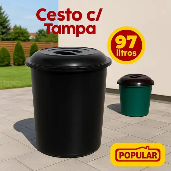 Cesto  Lixeira Grande  com Tampa - Preta - Verde 97 Litros Água Roupas Lixo