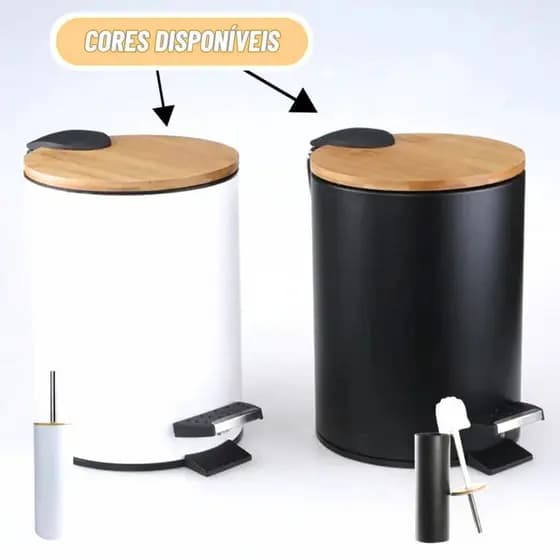 Kit Banheiro Conjunto 2 Peças Lixeira com Tampa De Bambu Lavabo Escova Sanitária