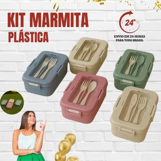 Marmita Plástica com Porta Talheres e Travas BPA Free Resistente