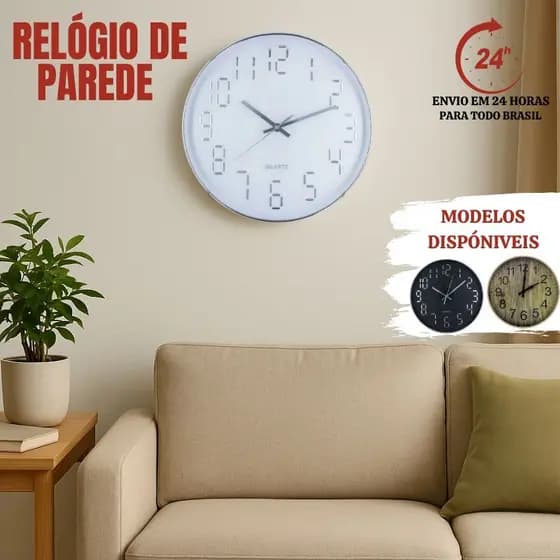Relógio Quartz Preto/Branco Relógio de Parede 30cm Para Cozinha, Sala - Cor Tipo Madeira