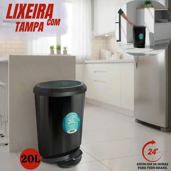Lixeira Cesto 20 Litros Preta Lixo P/ Cozinha Lavanderia Banheiro De Pedal Preta