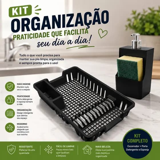 Kit Pia Escorredor Plástico + Porta Deterge Com Suporte Esponjante Com Bico Dosador