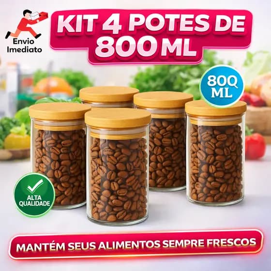 Kit 4 Potes Herméticos 800ml De Vidro Com Tampa De Bambu Porta Mantimentos Vedação
