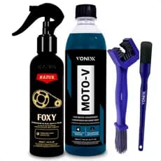 MOTOV 500ML LAVA MOTO CONCENTRADO + FOXY Limpa Corrente Motor 240ML + PINCEL DETALHAMENTO EXTERNO + ESCOVA CORRENTE