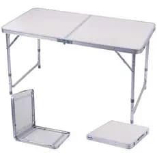 Kit Mesa Dobrável Portátil Vira Maleta Camping Churrasco 120X60cm com 4 Banquinhos Dobráveis Brancos