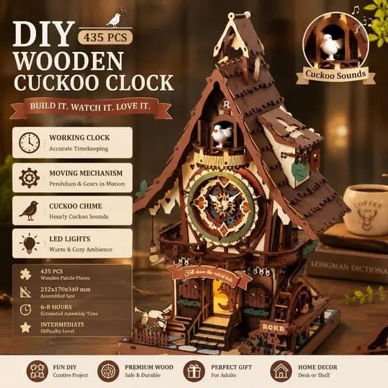 Kit DIY De Madeira Mecânico Cuco Relógio LED Modelo 3D Montado Decoração De Presente Criativo