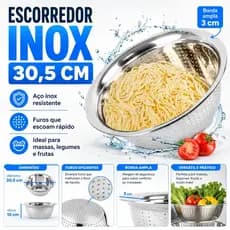 Escorredor De Massa Inox Grande 24cm Cesto Para Lavar Alimentos E Escorrer Água