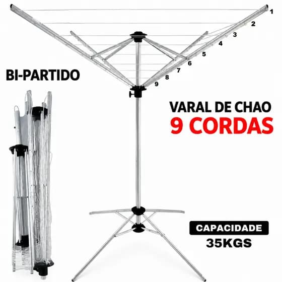 Varal Giratório Alumínio 9 Cordas Parabólico Resistente Alta Durabilidade